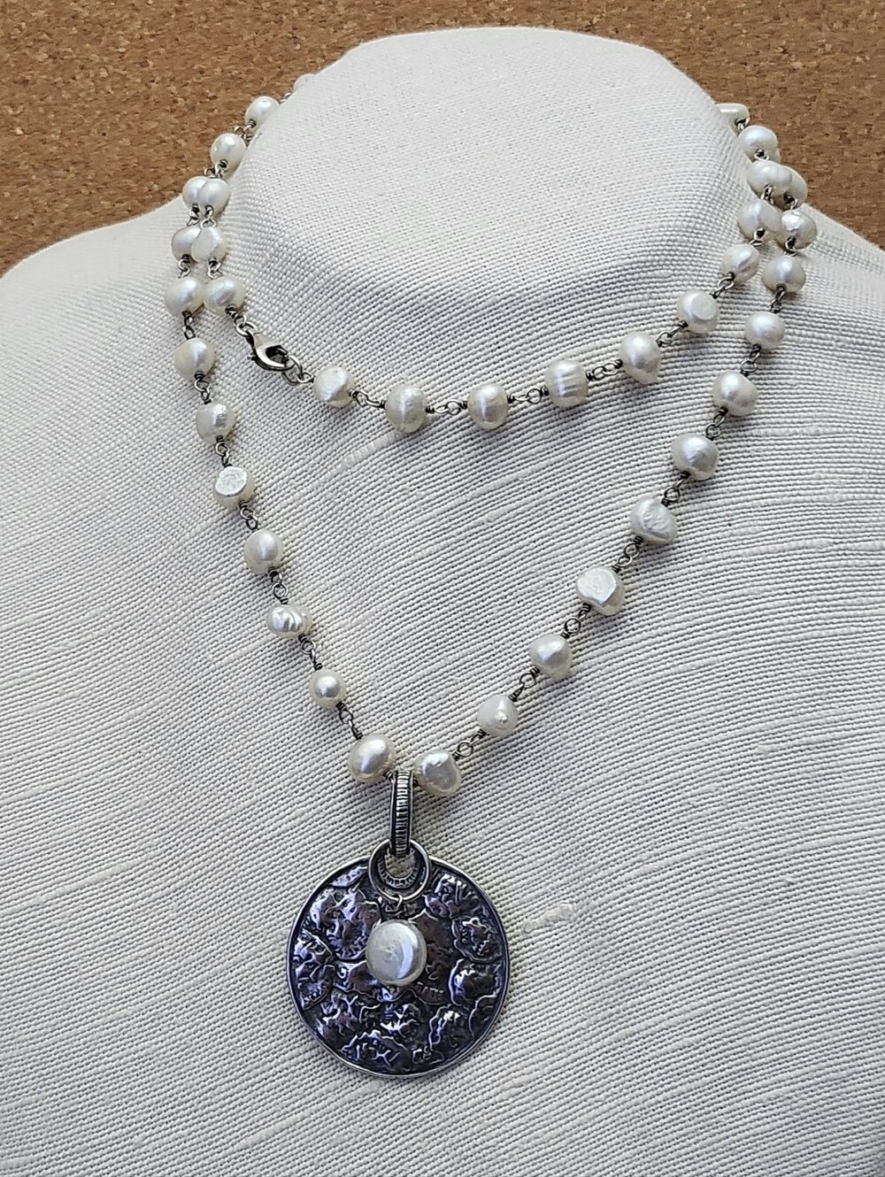 Silpada Pearl Necklace with Sterling Silver Medal Melted Coin Pendant